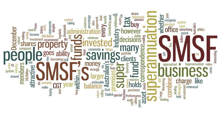 Self managed superannuation fund graphic showing various works relating to SMSF.